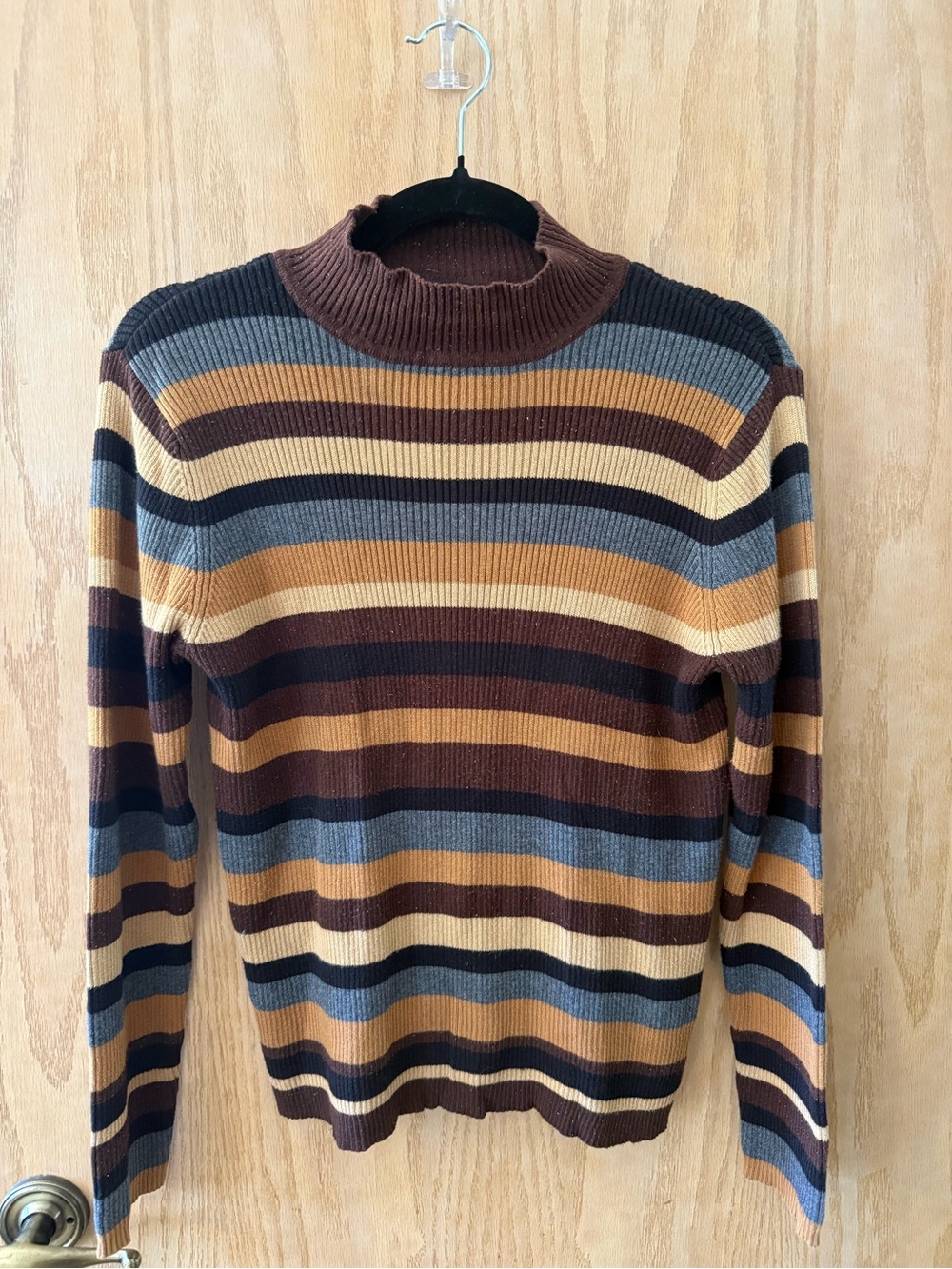 Sag Harbor Brown, Tan, Gold & Gray Striped Stretchy Sweater